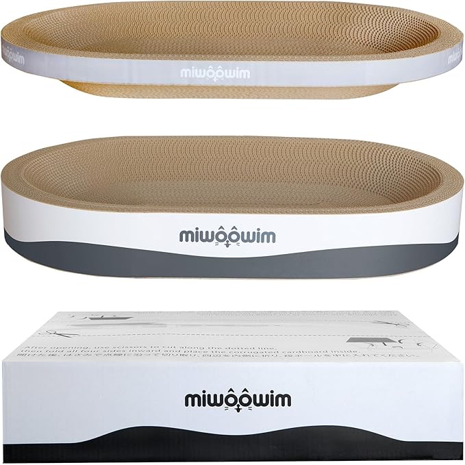 miwoowim 23.6" Extra Large Cat Scratcher Bed & Box Set, Oval Lounge Bowl | Includes 2 Oval Shape Beds & 1 Box with corrugated cardboard Scratch pad. Perfect for big cats and multi-cat households.