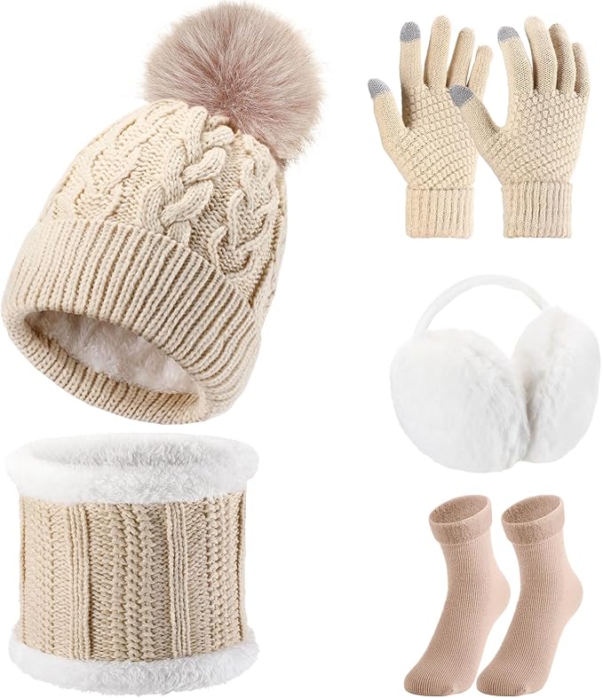 SATINIOR 5 Pcs Winter Hat Scarf Gloves Set Fleece Warm Lined Knit Beanie Hat Touch Screen Earmuff Gloves Warmer for Women(Beige,Vivid Style)