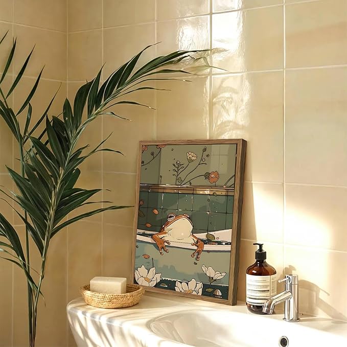 Funny Japanese Frog Bathroom Wall Art Whimsical Frog in Bathtub Wall Decor Painting Cute Animal Bathroom Poster Canvas Print Picture 12x16 inch Wood Framed