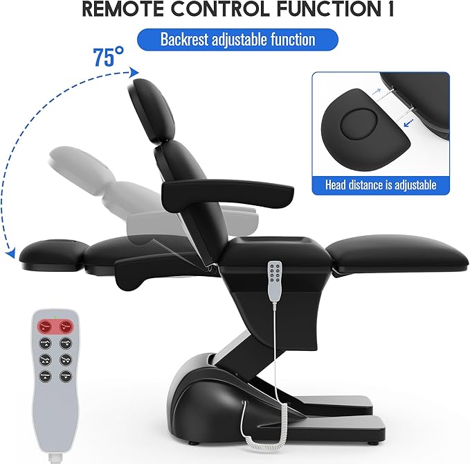 Dolonm 3 Motor Electric Chair, Hand Remote Controlled Adjustable, Hydraulic System for Medical Treatment Exam, Facial, Spa, Eyelash, Tattoo, Podiatry Treatment Beauty Massage - Black