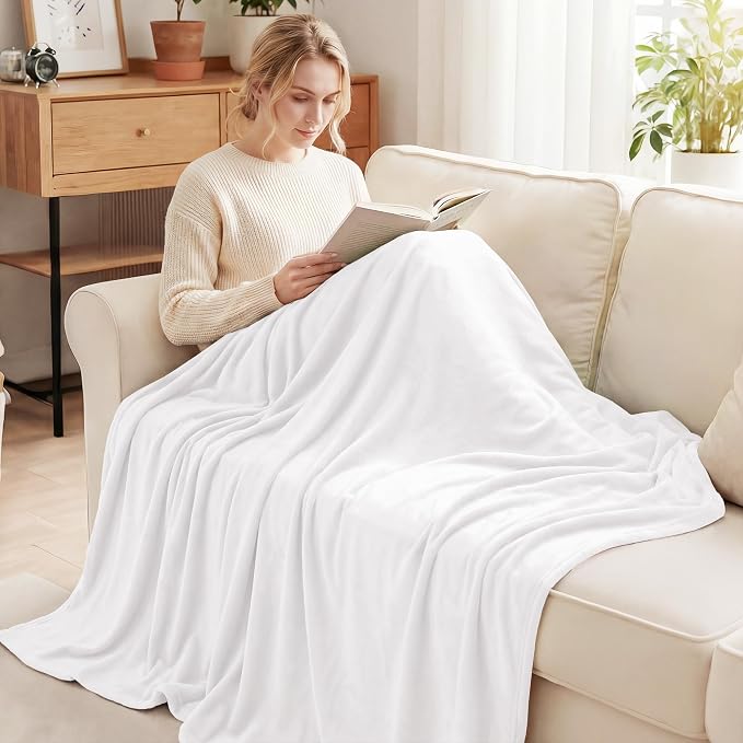 Exclusivo Mezcla Soft Fleece Throw Blanket for Couch, Pure White | 50x60 Inches, Double-Sided Brushed Flannel, Lightweight Plush Cozy Blanket for Home Decor, All Season, Machine Washable