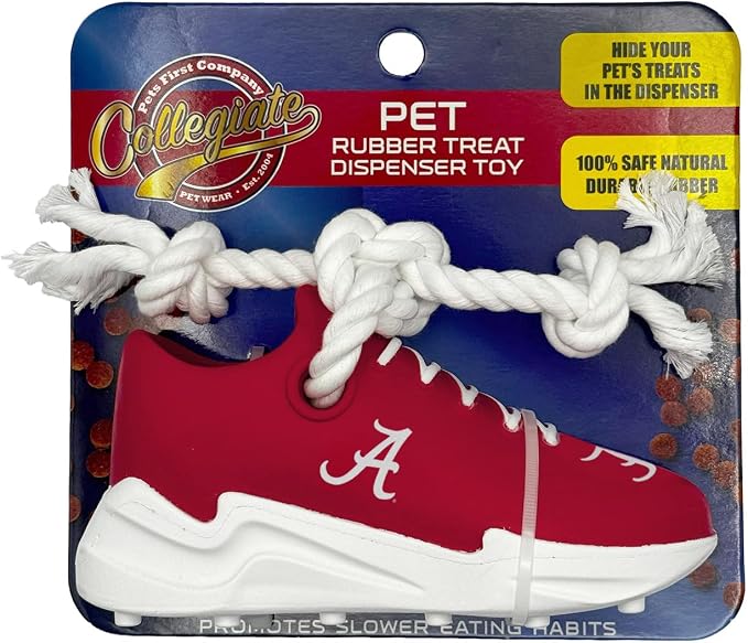 NCAA Alabama Crimson Tide Cleat Sneaker Spike Dog Toy, Treat Dispenser Chew Toy for Dogs, Interactive Rope Tug Toy, Slow Feeder Natural Rubber Dog Toy with Official Team Logo for Puppies & Adult Dogs
