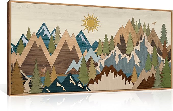 FWIEXA Large Mountain Woodcut Style Canvas Wall Art, Sunrise Pine Tree Wall Decor, Forest Animal Painting, Nature Wilderness Lake Landscape, 20x40In Rustic Artwork for Living Room, Bedroom, Bathroom