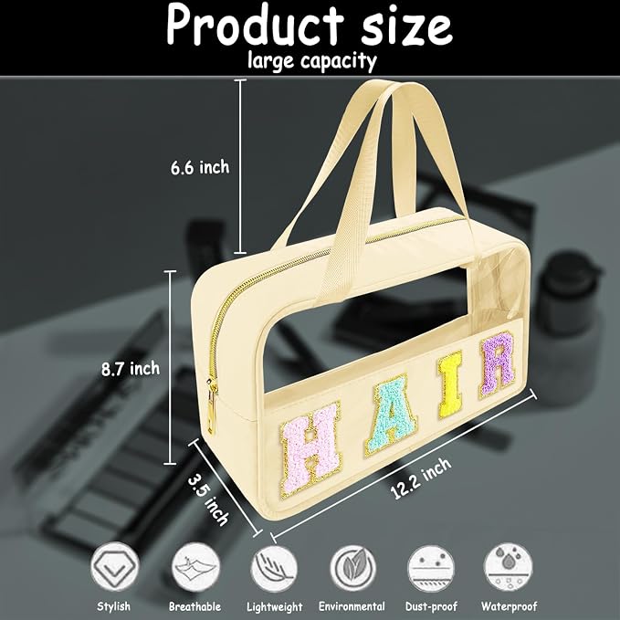 Bunliuys Chenille Letter Clear Makeup Bag Hair Patch, Travel Toiletry Makeup Bag with Handle, Nylon Waterproof Makeup Bags clear cosmetic bag, preppy patch makeup bag for Women (HAIR-Beige)