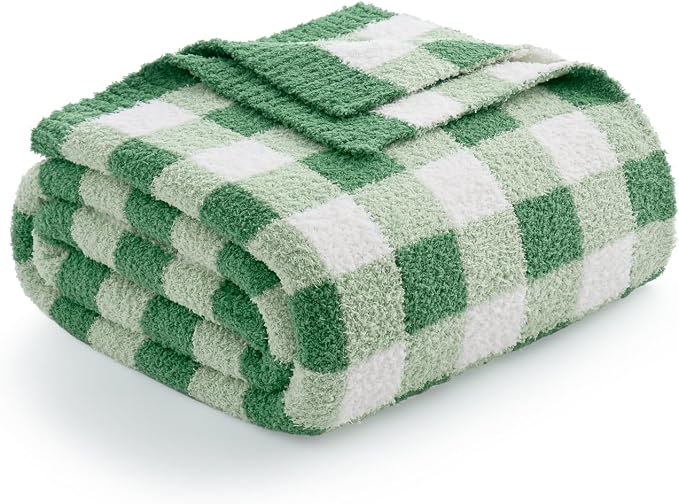 Snuggle Sac Checkered Blanket for Couch, Super Soft Cozy Warm Knit Netural Decorative Fluffy Blankets, Reversible Buffalo Plaid Microfiber Throws for Sofa Bed, Plaid Green, 50x60 Inches
