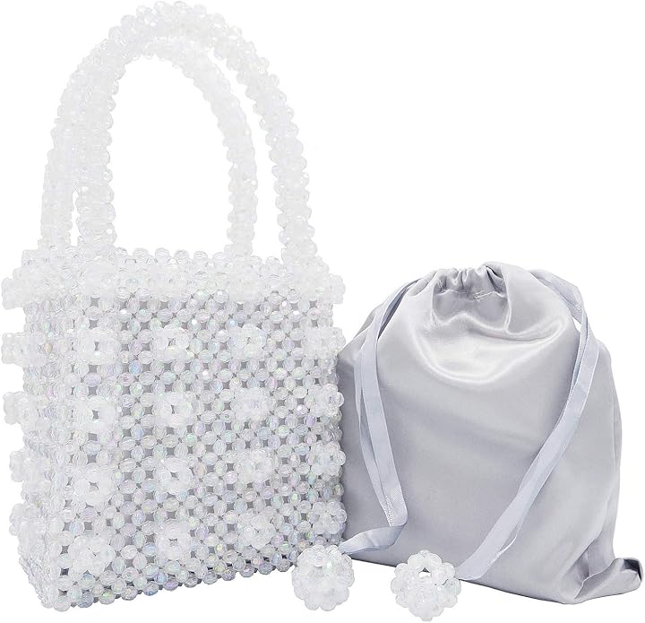 Miuco Womens Beaded Handbags Handmade Weave Crystal Pearl Tote Bags