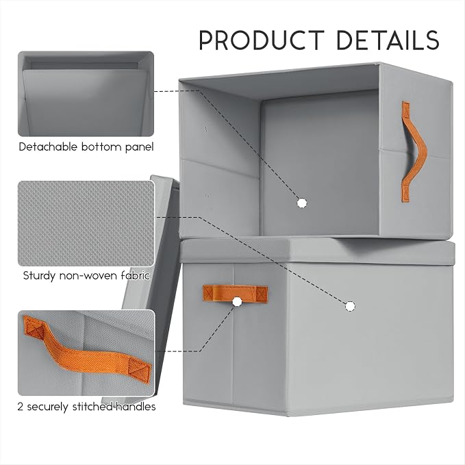 Storage Bins with Lids - Large Fabric Closet Bins with Lid, 8 Pack Clothes Organizers and Storage, Collapsible Stackable Cube Basket for Home, Office, Dorm, Grey