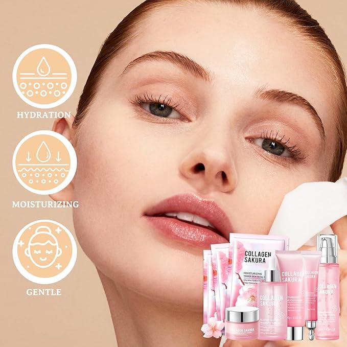 Sakura Skin Care Set,Moisturizing Skincare Kit with Face Cleanser,Facial Serum,Toner,Eye Cream,Face Cream and Hydrating Face Masks,Long-lasting Nourishing Skincare Set Facial Kit for Women（8pcs）