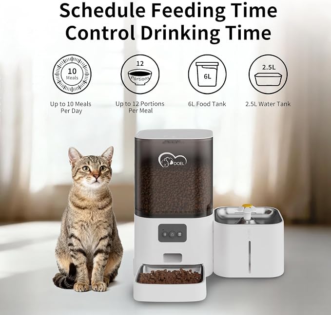 DOEL 5G&2.4G WiFi Automatic Cat Feeder and Water Fountain, 6L/24 Cups Timed Dry Food Dispenser for 2.5 Weeks, with APP Remote Control, Voice, for Small Medium Dog Puppy Kitten (White)