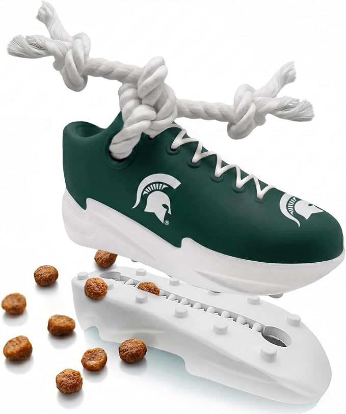 NCAA Michigan State Spartans Cleat Sneaker Spike Dog Toy, Treat Dispenser Chew Toy for Dogs, Interactive Rope Tug, Slow Feeder Natural Rubber Dog Toy with Official Team Logo for Puppies & Adult Dogs