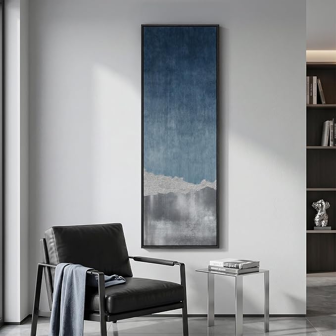 Large Framed Blue Gray Landscape Abstract Wall Art, Long Vertical 20x60 In | Blue grey paintings, Canvas prints, Modern artwork, Tall narrow pictures, Wall decor for hallway living room bedroom dining