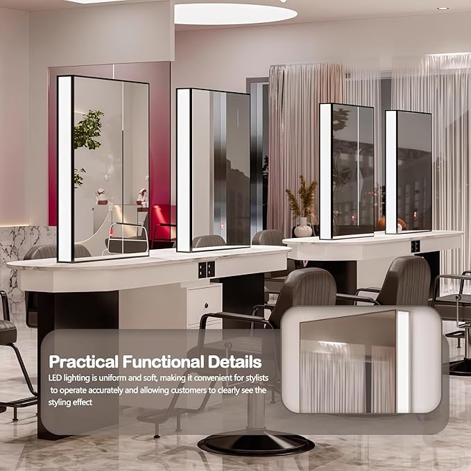 4-Person Salon Station for Hair Stylist with Sleek Modern Glossy Black Design, Barber Station includes LED Mirror, Spacious Countertop, Drawer & Cabinet