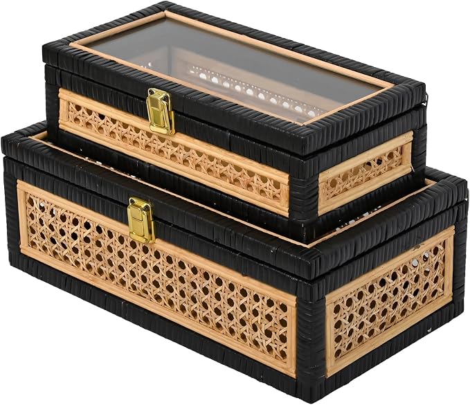 Black Rattan Decorative Storage Boxes with Glass Lids – Set of 2 Ribbed Wood Display Cases with Cane Weave & Solid Base – Nesting Coffee Table Organizer for Boho Chic Home Decor, Keepsakes