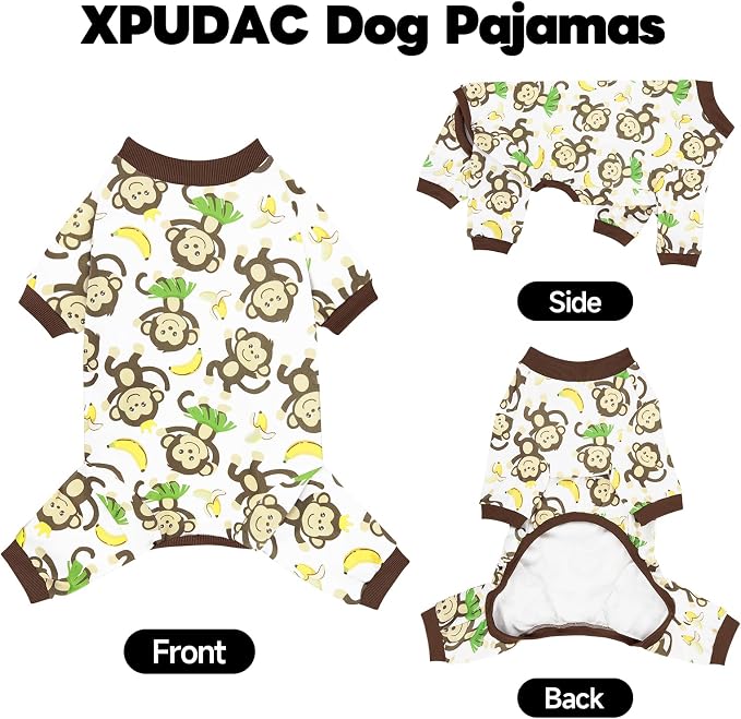 XPUDAC 2 Pack Dog Pajamas for Medium Large Sized Dogs, Soft Stretch Dog Onesie, Lightweight Warm Pet Pjs Outfit Boy Pet Clothes Dinosaur Monkey Print, 5XL