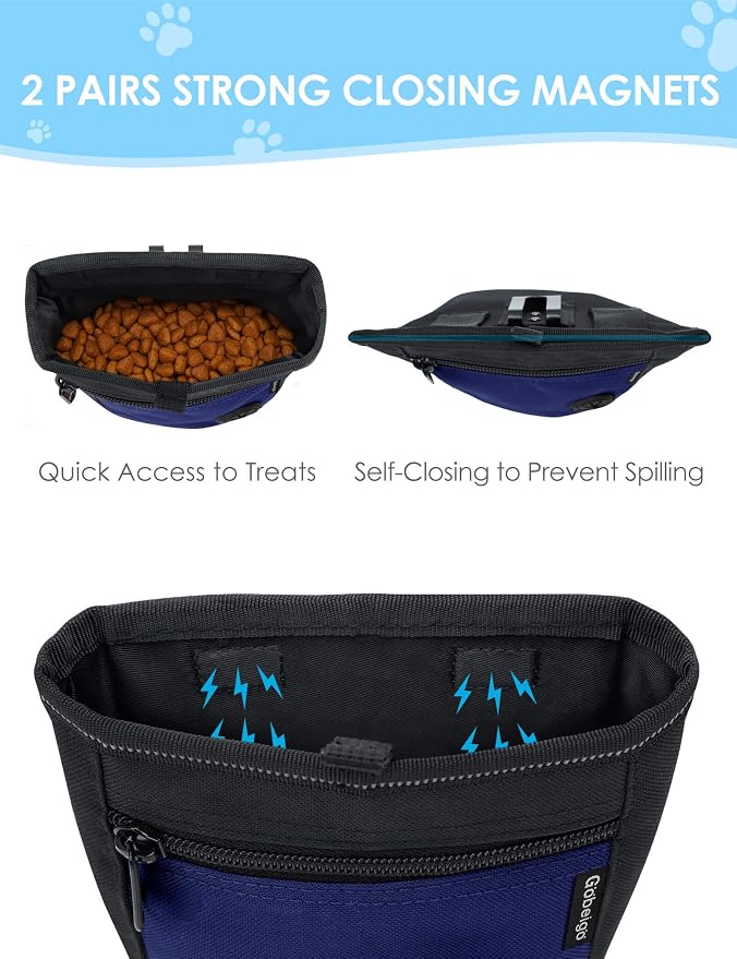 Gobeigo 2 Cup Dog Treat Pouch with Training Clicker(Black/Blue) | 2 Pair Magnetic Closures, Zipper Pocket with Poop Bag Holder, Waist Belt & Metal Clip to Wear for Pet Training/Daily Walking