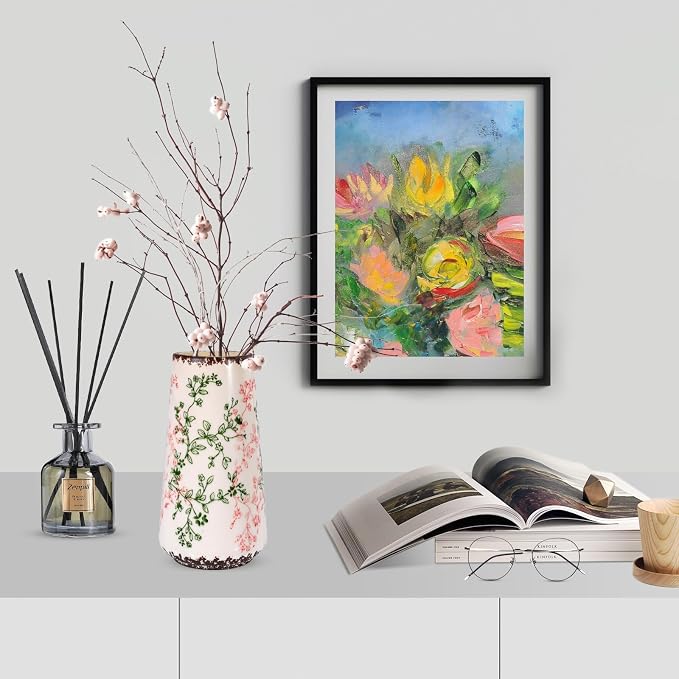 Ceramic Vase, GUKJOB Small Cute Flower Vase for Pampas Grass, Home, Living Room, Dining Table, Farmhouse, Office Decor, Bedroom, Table, and Kitchen Shelf (Green & Pink-A)