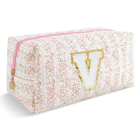 Personalized Quilted Cosmetic Bag, Puffy Monogrammed Christmas Birthday Gifts for Women & Girls, Cute initial Floral Makeup Bag Puffer Coquette Bag, Aesthetic Travel Toiletry Zipper Pouch(Pink,V)