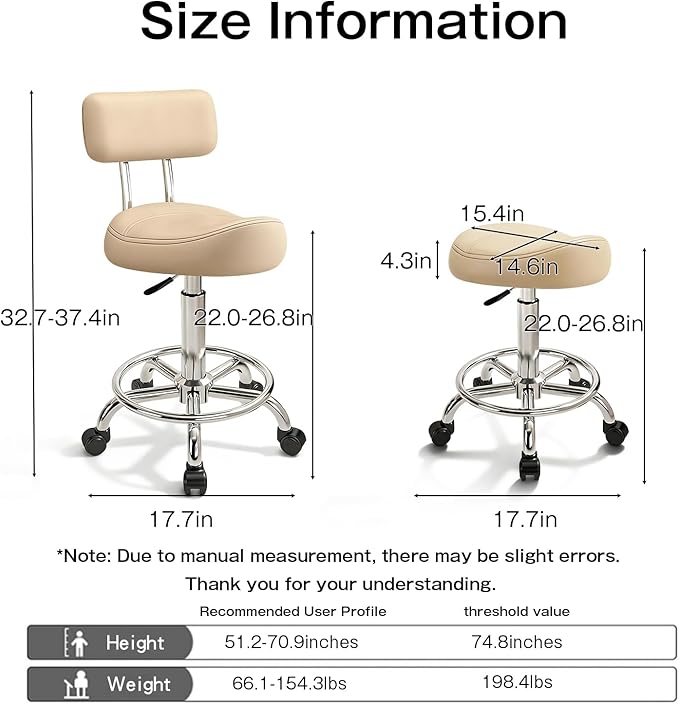Saddle Stool, Adjustable Height Ergonomic Swivel Chair with Wheels, PU Leather Saddle Seat with Ring Pedal for Salon, Massage, Clinic, Lab, and Office