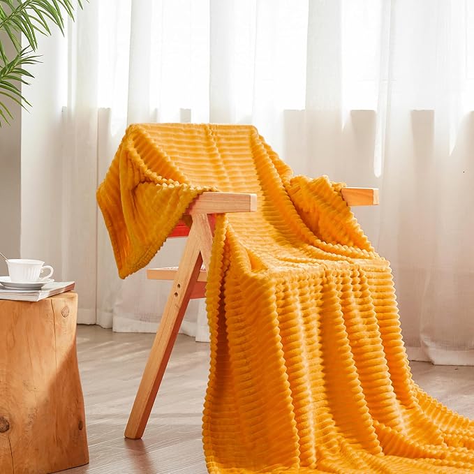 Vessia Flannel Fleece Throw Blanket for Couch,Sofa,Bed, 300GSM Striped Yellow Blanket for Adults and Kids, Super Soft Warm Cozy Lightweight Ribbed Throw for All-Season