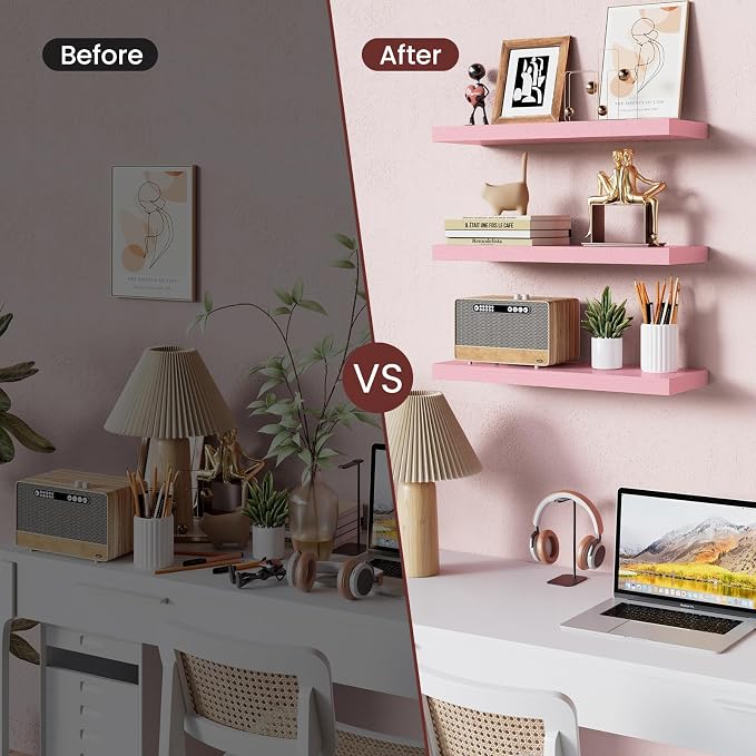 BAYKA Pink Floating Shelves 15.7in, Set of 3, Wall Mount Rustic Wood Shelf | 22lbs Max Load, Hidden Bracket, for Bathroom Bedroom Kitchen Display Storage Decor, Easy Install, Multi-Wall Compatible