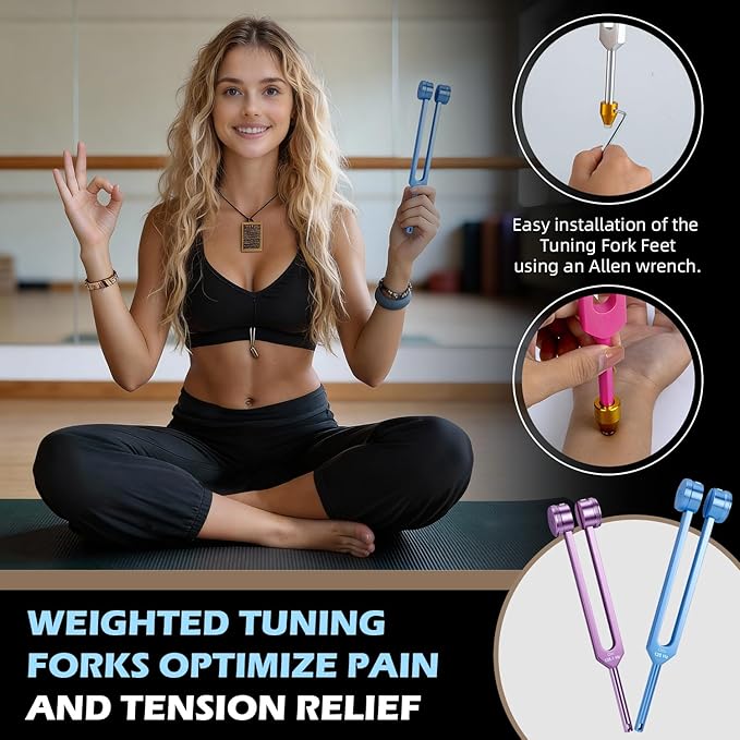 Tuning Forks for Healing, 4 PCS Aluminum Alloy Tuning Fork 128Hz, 136.1Hz, 256Hz, 384Hz, Hockey Puck Activator & Feet, Chain, Weighted & Unweighted Tuning Fork Set with Vegan Leather Pouch