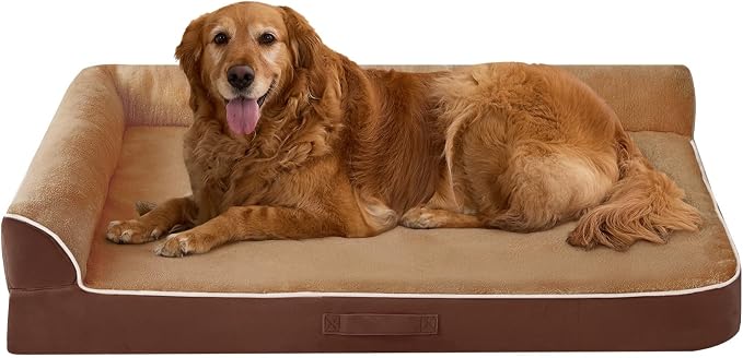 XXL Orthopedic Dog Bed, Extra Large Dogs, 48"x35"x7.5", Brown | Waterproof, Washable Cover, L-Shaped Pet Couch, Egg-Crate Foam for Pressure Relief, Portable Handle