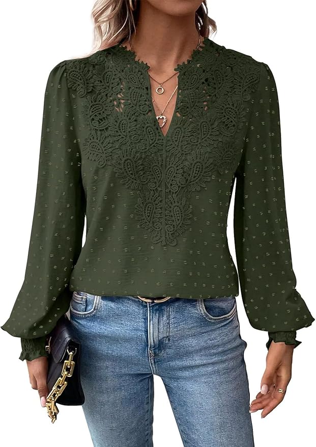 Womens Tops Swiss Dot Boho Long Sleeve Shirts V Neck Casual Chiffon Blouses Flowy Lace Hem Cute Clothing Trendy 2026