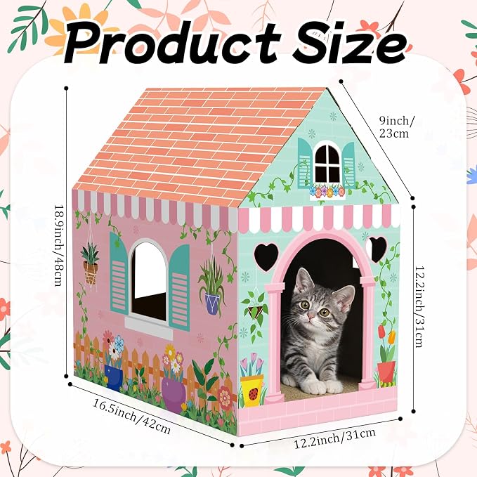 Cinrobiye Cardboard Cat House with Scratcher Spring Pet Board Bed Cave Playhouse Hideaway Hideout Condo Decor Small Animals Scratch Box for Indoor Cats Kittens Rabbits Bunny