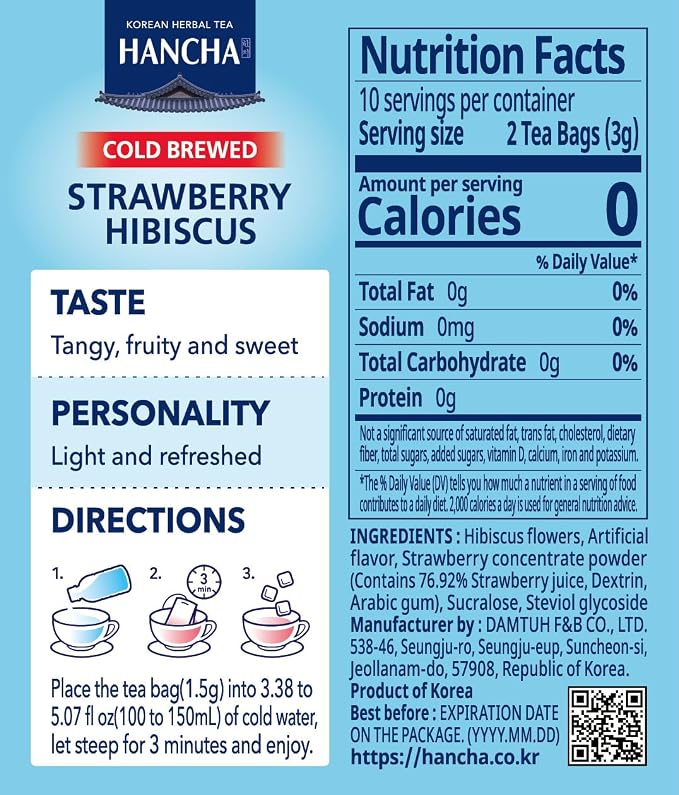 Damtuh Strawberry Hibiscus Cold Brew Tea Bags – Refreshing Fruit Herbal Tea with Real Hibiscus Flowers & Strawberry Flavor – Caffeine-Free Iced Tea for Summer Hydration (1.5g x 20 Count)