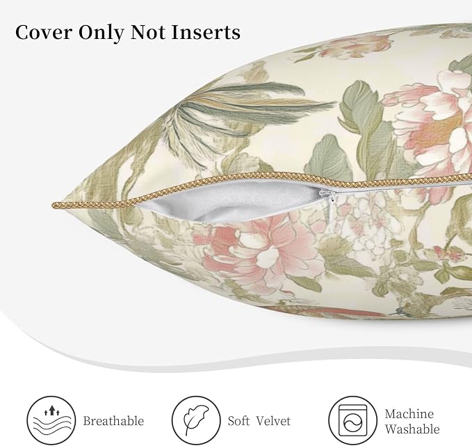 Vintage Bird Floral Velvet Pillow Covers 20x20 Inch Chinoiserie Flowers Leaves Throw Pillows for Couch Farmhouse Cushion Covers Pillowcase Light Green Leaf Pillow Cases for Sofa Bed Outdoor Decor