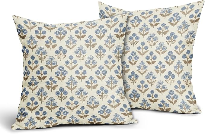 Brown Blue Floral Block Print Pillow Covers 20x20 Inch Set of 2, Vintage Flower Pattern Decorative Throw Pillowcases Outdoor Farmhouse Cushion Covers Spring Summer Rustic Sofa Couch Bed Decor