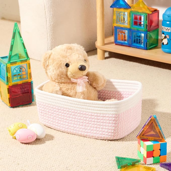 MiniArk Small Storage Baskets for Organizing | Closet Organizer Bins | Shelf Toy Basket | Woven Rope Baskets | Cube Decorative Box | Shallow Basket | 11.5x7.5x4.7” | 4 Packs White Pink