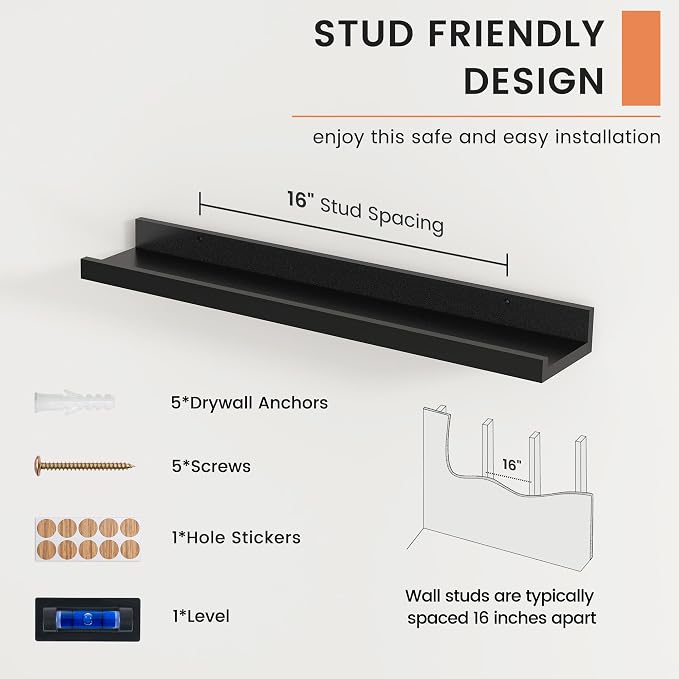 Picture Ledge Shelf, Floating Shelves for Wall, 24" W Set of 2, Black | FSC Certified Engineered Wood, Wall Mounted Bookshelf, for Nursery Living Room Bedroom, Pre-Drilled, Easy Install