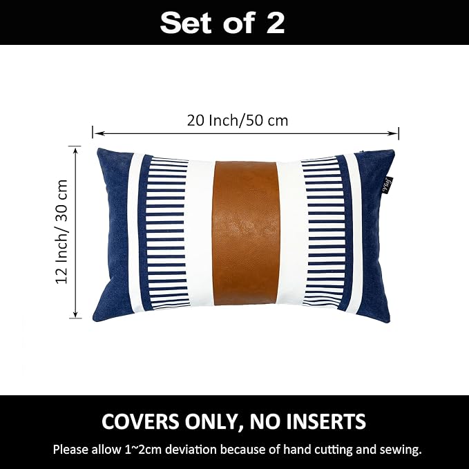 Set of 2 Navy Blue and White Stripe Throw Lumbar Pillow Covers 12x20 inch,Faux Leather Modern Accent Boho Cushion Cover for Couch Living Room Bedroom