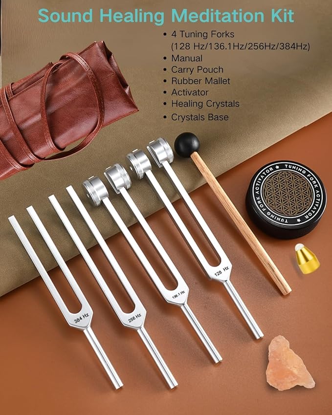 Tuning Forks for Healing Set - 128Hz, 136.1Hz, 256Hz, 384Hz for Stress Relief, Anxiety & Sleep, Healing Crystal Stone - Zen Tools, Mindfulness Yoga Accessories - Spiritual Gift