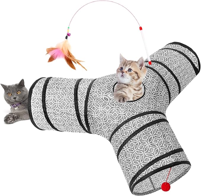 Tempcore Cat Tunnel, 3-Way Collapsible Toy for Indoor Cats, Grey Coin