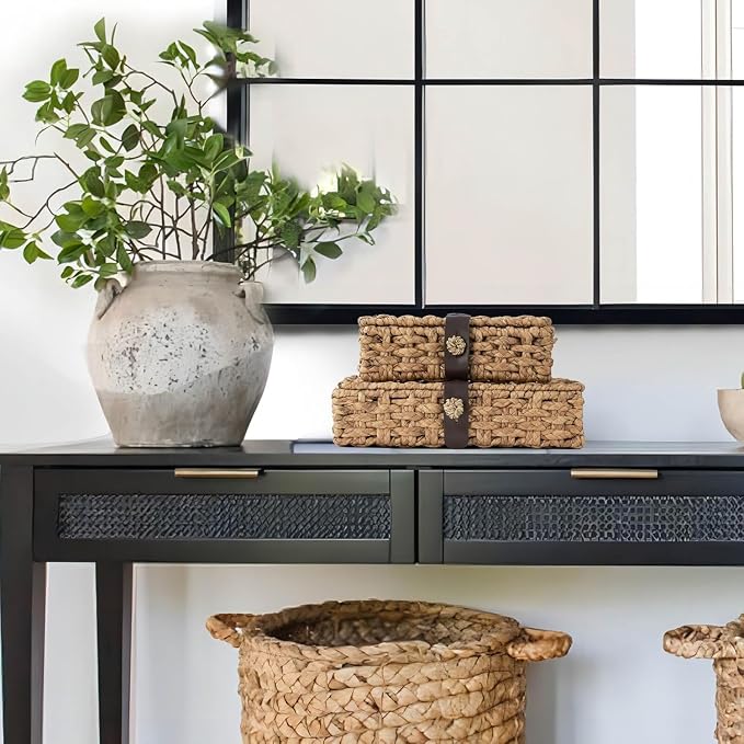 Wicker Storage Basket with Lid, 2-Piece Set Decorative Box with Lid, Water Hyacinth Woven Decorative Box for Shelf, Coffee Table, Console Table, Home Decor