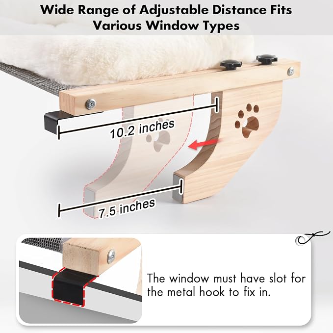 AMOSIJOY Wooden Cat Windowsill Perch with Zipper Cushion Bed, 27.5in | Sturdy Wood & Metal Frame Hold up to 40lbs, Machine Washable, Easy to Adjust, Hook-on Mounting Cat Hammock Seat for Large Cat