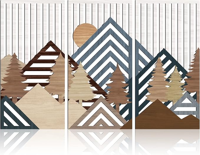 IARTTOP Abstract Mountain Wood Wall Art Large Geometric Forest Pine Trees Wooden Wall Decor Boho Sun Nature Landscape Wall Decor for Bedroom Living Room Office-16 x32 Inch Set of 3