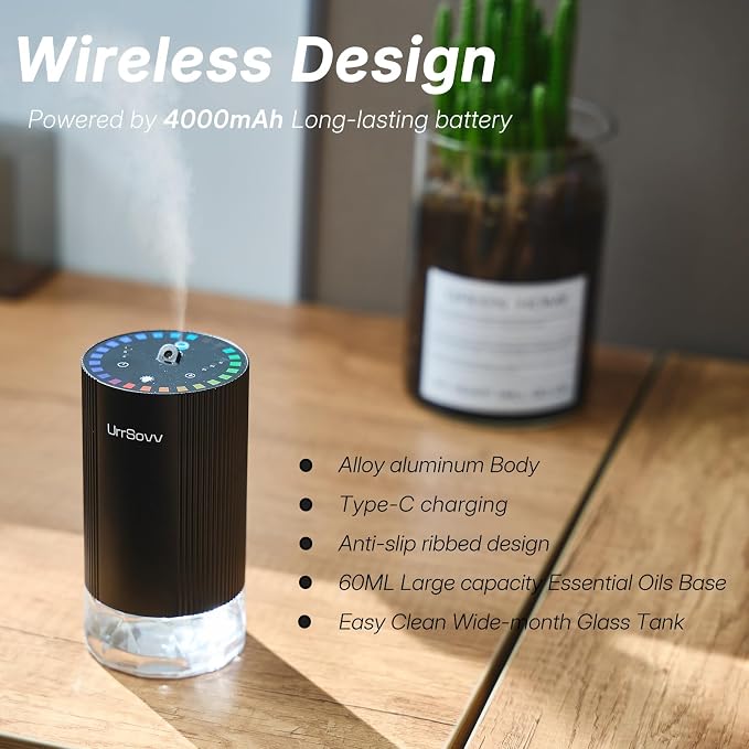 UrrSovv Waterless Car Essential Oil Diffuser Battery Operated (Gold) | Waterless Aluminum Alloy 4000mAh Long Lasting Battery Operated Essential Oil Diffuser for Car Home Office