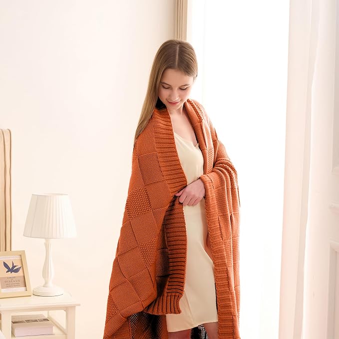CozeCube Rust Orange Knitted Checkered Throw Blanket 50"X60" | Check Knit Throw for Couch, Decorative Christmas Soft Cozy Warm Blanket for Bed Sofa Living Room