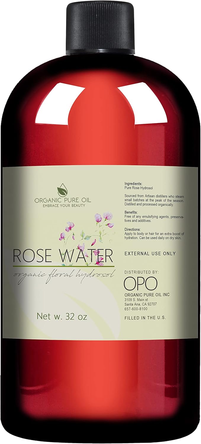 32 oz Rose Hydrosol Water – 100% Pure Rosewater Spray Mist Bulk – Hydrating Face Toner Rose Water for Skin and Hair Linen Spray for Sheets Room Freshener Body Spray Refill by Organic Pure Oil