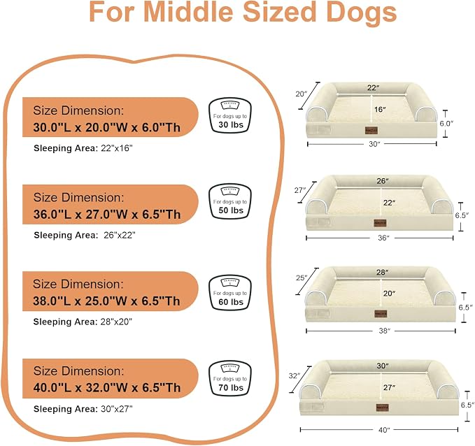 Orthopedic Dog Bed for X-Large Dogs, 40 x 32 Inch, Beige | Egg crate foam for joint support, 3-sided bolster pet sofa, waterproof lining, washable cover, and non-skid base