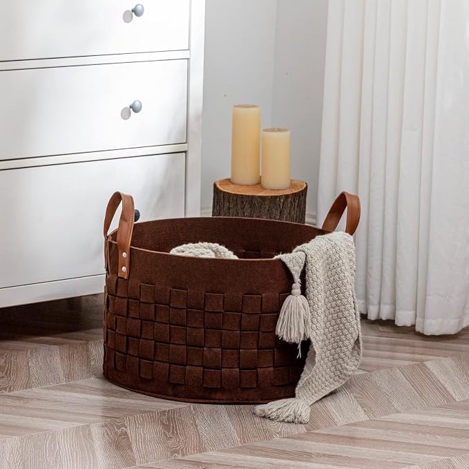 Laundry Basket 20" x20 " x11.8 ", Large Felt Fabric Blanket Basket with Leather Handle, Dirt Clothes Laundry Hamper Round for Babies, Dogs and Living Room-Brown