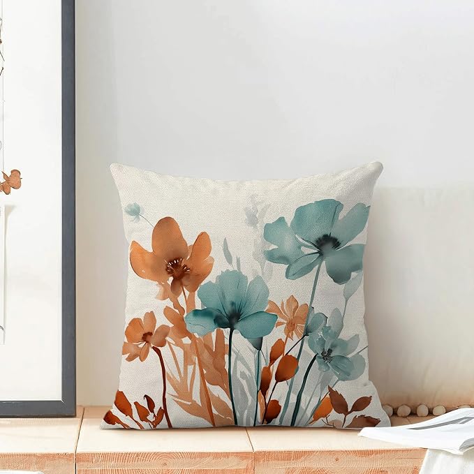 Floral Pillow Covers 18x18 Inches Set of 2 Fall Orange Teal Floral Throw Pillow Cover Outdoor Summer Flower Decoration Pillowcase Farmhouse Decorative Square Cushion Cover Decor for Home Sofa