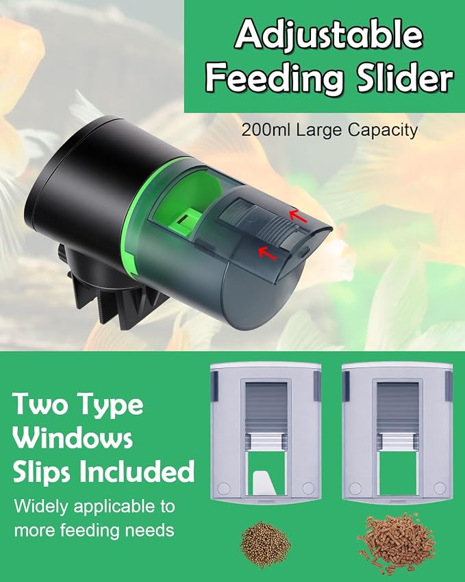 Automatic Fish Feeder for Aquarium Easy Setup & 4 Timers Green | 200ML Rechargeable Auto Food Dispenser for Flakes & Pellets, LCD Display, Vacation Feeding for Small Tank Betta Koi Turtle