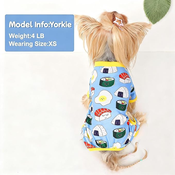DaFuEn Dog Pajamas for Small Dogs, Soft Stretchy 4 Legs Puppy Jumpsuit, All Season Cozy Pet PJs for Chihuahua Yorkie Teacup Dogs, Cat Clothes (Blue Bread, S)