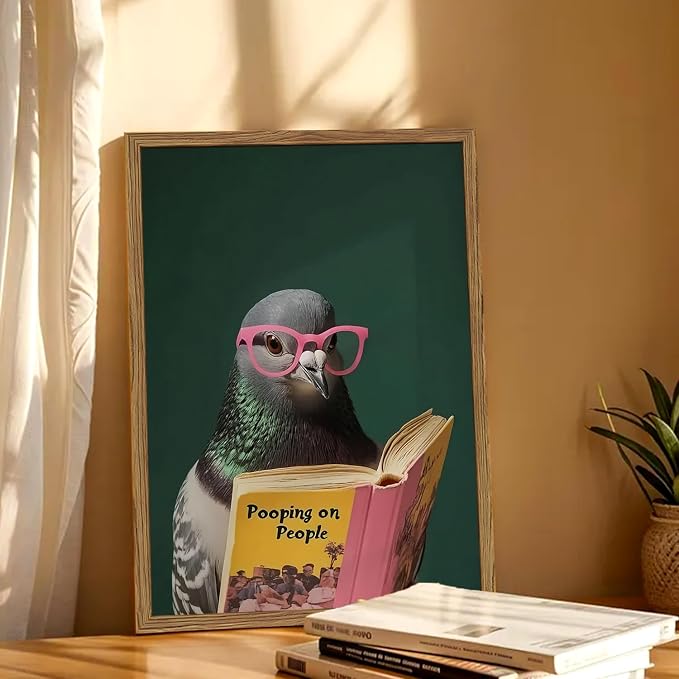 Framed Funny Pigeon Wall Art, Humorous Bird Reading Wall Decor Paintings, Pooping on People Book Pictures Canvas Print Eclectic Home Decor for Bathroom Living Room Office Dorm 12x16 inch