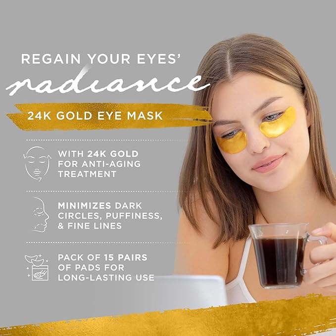 Under Eye Patches For Women – 24K Gold Eye Masks, 15 Pairs | Hyaluronic Acid | Reduces Puffiness, Dark Circles & Wrinkles | Vegan & Hydrating