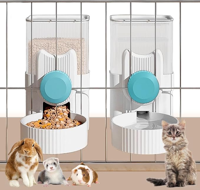 kathson Rabbit Feeder for Cage,Bunny Water Bottle,Pet Food Dispenser,Blue | Gravity Automatic Guinea Pig Feeder Waterer Set,Hanging Small Pet Food Bowl Feeding Station for Ferret Chinchilla Cat Puppy